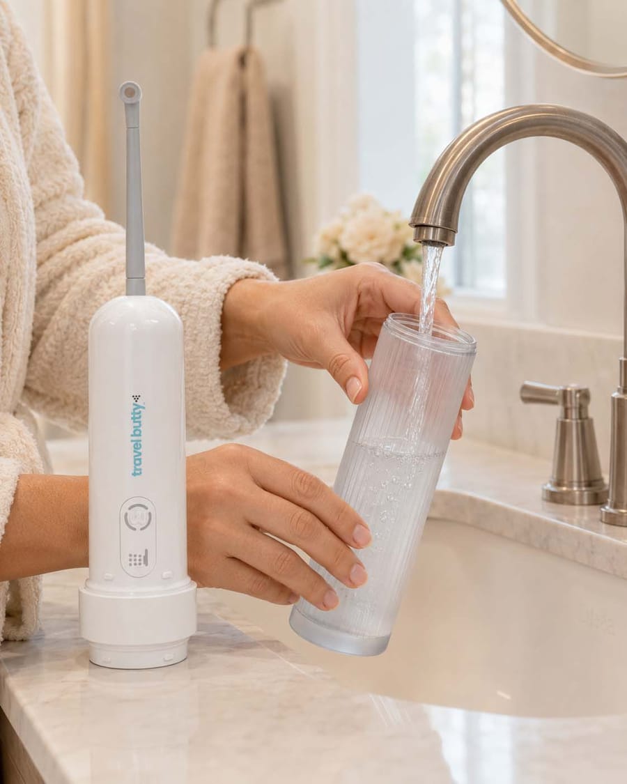 Filling the Travel Butty with water at the bathroom tap
