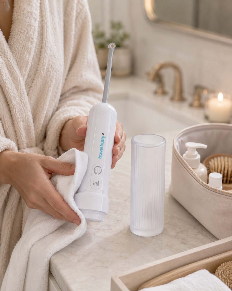 Wiping the Travel Butty clean and returning it to its travel case